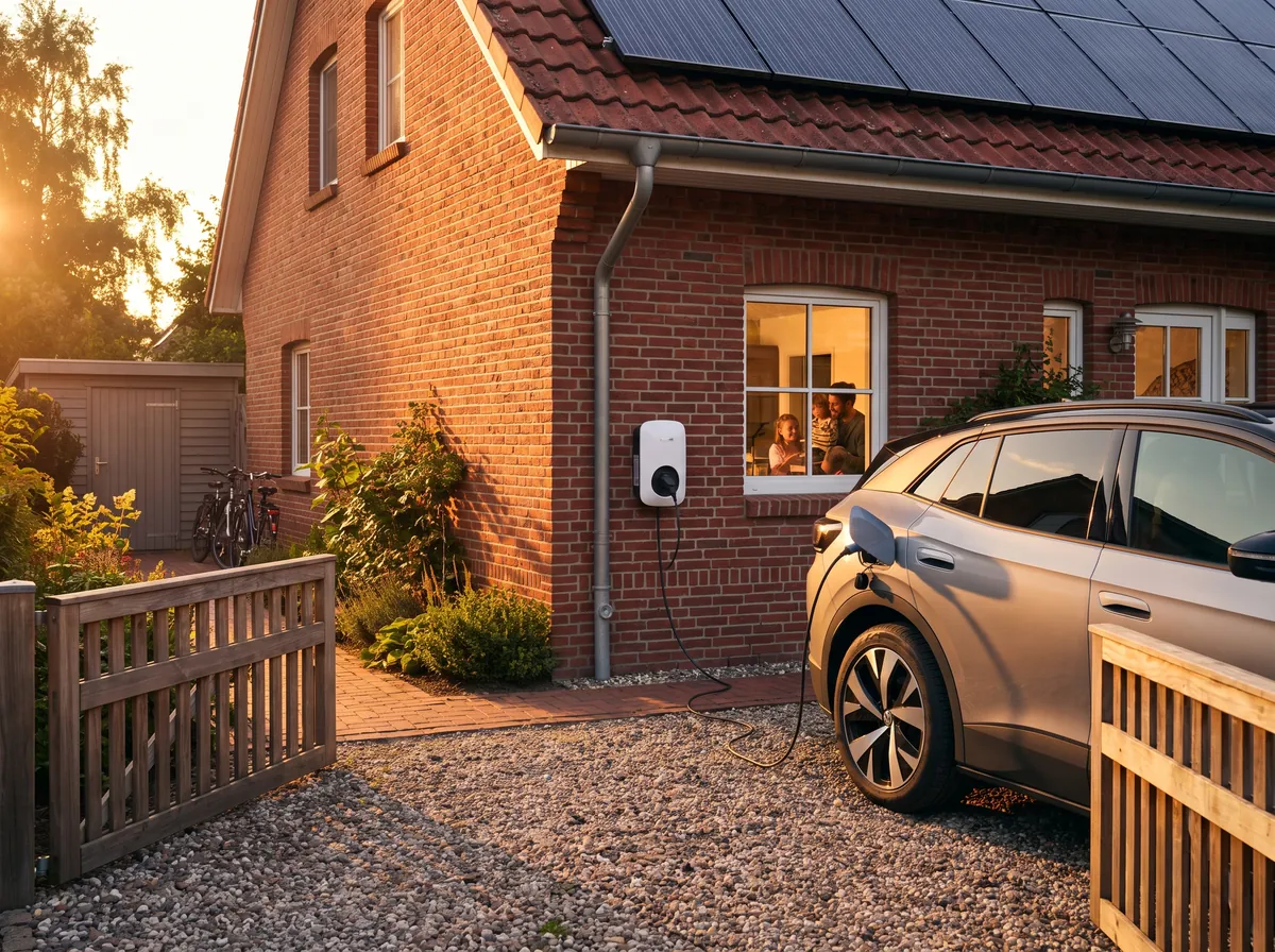 E-Auto lädt an der Wallbox am Einfamilienhaus